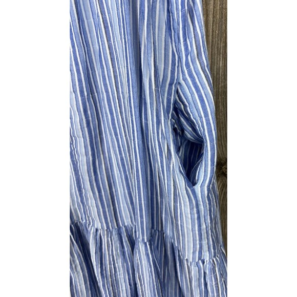Elliot Lauren Midi Dress L Blue/White Stripe Sleeveless Tiered Ruffled Chambray - Picture 6 of 14
